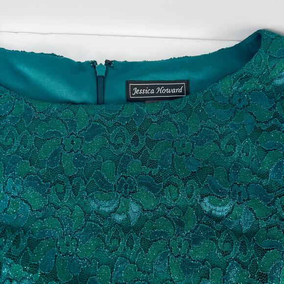 NEW Jessica Howard Dramatic Bell-Sleeve Glitter Hunter Green Lace Dress 16 - Picture 7 of 16